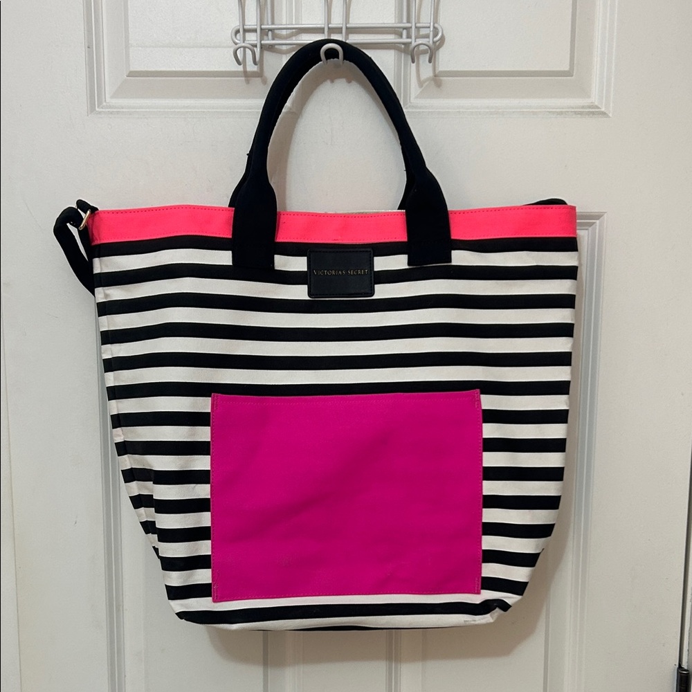 Victoria's Secret Black and White Striped Tote with Hot Pink Accents 17”x17”